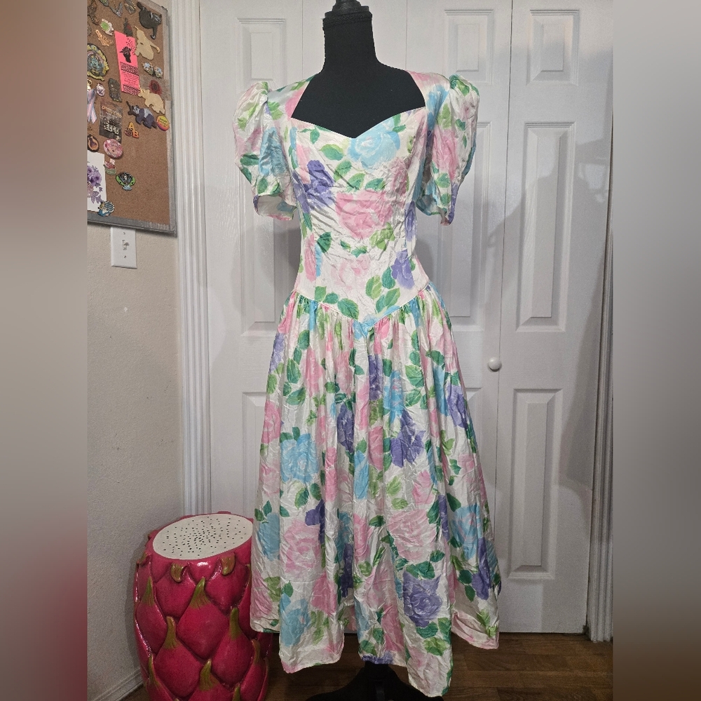 Vintage Gunne Sax Jessica McClintock 1980s Pastel Floral Tea Dress Bows Size 13